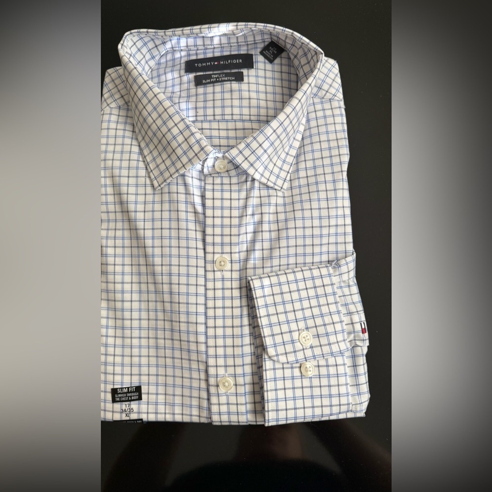 Tommy Hilfiger Men's White and Blue Plaid Shirt